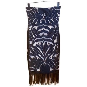 Alexia Admor Art Deco Black Strapless Lace Fringe Midi Bodycon Sheath Dress sz L